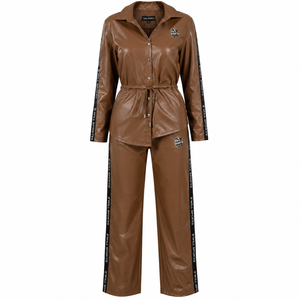 Twill Sports Women's Brown PU Leather Tracksuit Full Sleeve Button Up Collar Drawstring Waist Women's Leather Tracksuit Set - Product Image 1