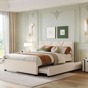 Letto matrimoniale imbottito in tessuto di lino con testiera a motivo mattoni, beige, con letto estraibile singolo XL (Vecchio SKU SF00000) - Product Image 1