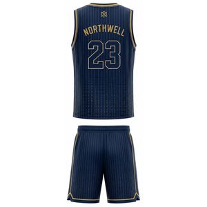Conjunto de Uniforme de Baloncesto Nexus, Cuello en V, Sin Mangas, Sublimado, al por Mayor, Absorbente de Humedad, Uniforme Deportivo para Adultos, 23, Rayas Azul Marino y Dorado - Product Image 2