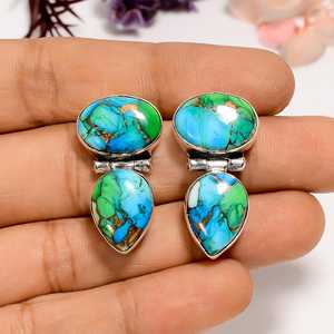 Peacock Green <b>Turquoise</b> Sterling Silver <b>Stud</b> <b>Earrings</b> Handmade Gemstone Minimalist Jewelry Gift - Product Image 2