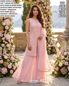 <b>Pink</b> Simar <b>Silk</b> Embroidered <b>Top</b> With Beads Work Floor-Length Palazzo Set Women Traditional Wedding Wear - Product Image 3