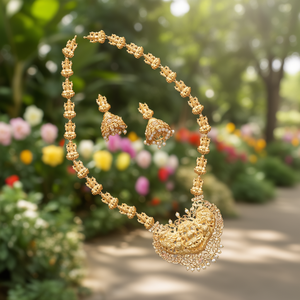 Intricate Laxmi Haram with Matte Gold Polish and Pearl Earrings - Product Image 3