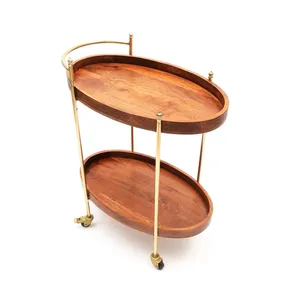Chariot de service ovale en bois avec cadre en laiton, design vintage, plateau roulant à deux niveaux pour les réceptions - Product Image 3