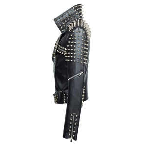 Nouvelle collection printemps-automne : Blousons en similicuir PU pour femmes et hommes, style motard, avec clous décoratifs - Product Image 4