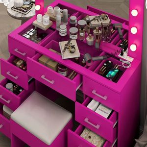 Large Lighted 12 LED Mirror Makeup Vanity Desk Set with 9 Drawers Glass Top Vanity Table with Power Outlet - Product Image 2