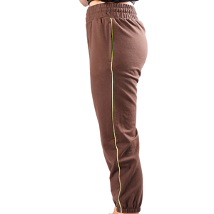Women Solid <b>Brown</b> Yoga Pants Knee Length Elastic Waist Side Stripe Contrast Stitch Breathable Spandex Cotton Mix - Product Image 4