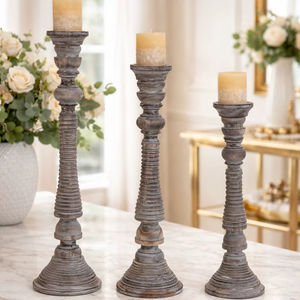 ชุดเชิงเทียนไม้มะม่วงแท้ ดีไซน์สวยงาม คุณภาพพรีเมียม ทำมือ สีเทาไหม้ สำหรับตกแต่งบ้าน งานแต่งงาน ชุด 3 ชิ้น - Product Image 1