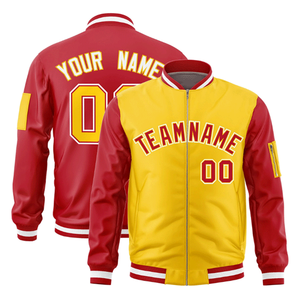Chaqueta Varsity Deportiva de Invierno Roja y Dorada Personalizada de Primera Calidad para Hombre, con Cierre Completo, Diseño Bicolor y Logotipo Frontal Tipo Letterman - Product Image 1