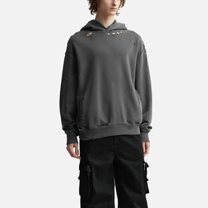 <b>Men's</b> <b>Black</b> Oversized Hooded Sweatshirt With Distressed Rip Design French Terry Cotton Streetwear Style - Product Image 3