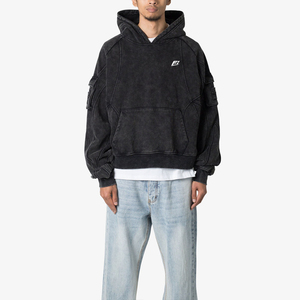 Sweat à capuche épais délavé à l'acide pour homme, 100% coton molletonné respirant, avec empiècements, logo personnalisé, mode hiver, streetwear Y2K - Product Image 1