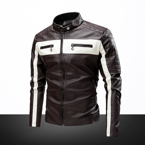 GURUNA-Z-INDUSTRY Veste de moto vintage en cuir PU marron pour homme Guruna Z, col montant, fermeture éclair, blocs de couleur, coupe-vent - Product Image 1