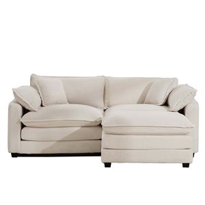 Divano a due posti a L in velluto a coste beige chiaro con poggiapiedi ottomano per piccoli spazi abitativi, per arredamento soggiorno - Product Image 5