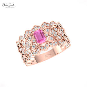 Anillo de Cóctel con Zafiro Rosa de 0.6CTW en Oro Real de 14K con Diamantes Engastados, Anillo de Boda para Mujer, Venta al por Mayor de Joyería - Product Image 1