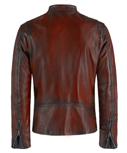 Veste moto en cuir véritable pour homme, col montant, fermeture éclair, couleur unie, coupe classique, pour l'automne - Product Image 2