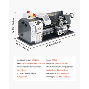 Tornio da banco 550W 8x16 con velocità variabile 0-2500 RPM, precisione mandrino 0.0003, ingranaggi in metallo, macchinario per taglio metalli 8x16 - Product Image 5