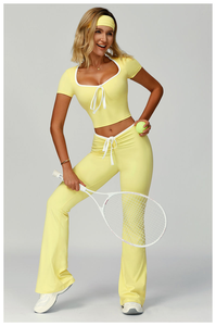 Conjuntos Deportivos de 2 Piezas para Mujer con Ribete Blanco, Tops de Manga Corta y Leggings Anchos, Conjuntos Deportivos Populares para Gimnasio, Yoga y Fitness - Product Image 6