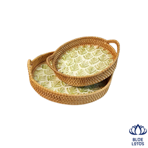 Plateau en mosaïque de rotin de haute qualité, durable et écologique, panier de service rond en osier fait main tendance pour la décoration intérieure - Product Image 1
