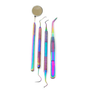 Multi-Color Rainbow Dental Hygiene Set 4 Piece Basic Dental Instruments Kit Stainless Steel Dental <b>Tooth</b> <b>Pick</b> Mouth Mirror - Product Image 2
