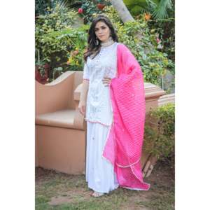 Ensemble de costume de travail en rayonne et mousseline de soie brodée Gota blanc pour femmes - Taille XS - Product Image 1