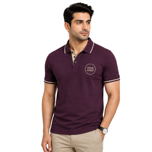 Premium <b>Maroon</b> Mens Polo Shirt With Contrast Collar Sleeve Stripe Custom Logo Embroidery Casual Business Golf Wear Short Sleeve - Product Image 1