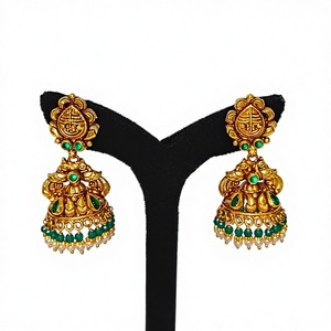 Antique 22k Solid Gold <b>Drop</b> <b>Earrings</b> Handcrafted Lakshmi Motif with Green <b>Emeralds</b> and Natural Pearls for Wedding Occasions - Product Image 1