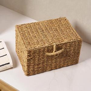 Natural Seagrass <b>Storage</b> Basket Set 2 Rectangle Woven Organizer Box with <b>Lid</b> Handmade Household Keeping <b>Bin</b> - Product Image 6