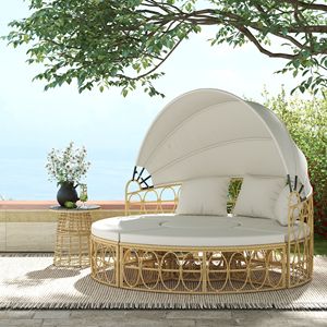 Set di Mobili da Giardino con Lettino Rotondo da Esterno, Tettoia Retrattile e Divano Sezionale in Rattan PE con Cuscini - Product Image 2