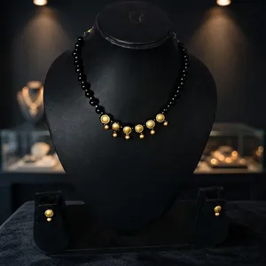 Gold Plated Brass Black Beaded Necklace and Stud Earring Set Classic Geometric Jewelry <b>Gift</b> for <b>Wedding</b> Party KOTTRAVAI - Product Image 5
