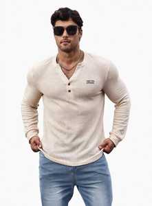 Oneten Apparel <b>Men's</b> Beige Long Sleeve V-neck <b>Henley</b> <b>Shirt</b> Breathable Casual Polyester Spandex Waffle Knit Front Logo Top - Product Image 1