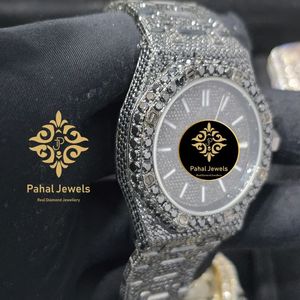 Montre mécanique de luxe glacée avec incrustations de moissanite, bracelet en acier inoxydable, cadran analogique argenté, lunette en cristal, montre-bracelet de soirée - Product Image 2