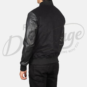 Chaqueta Bomber Varsity de Lana Negra para Hombre con Mangas de Cuero Genuino, Estilo Clásico Letterman, Corte Ajustado, Ropa Exterior de Béisbol - Product Image 2