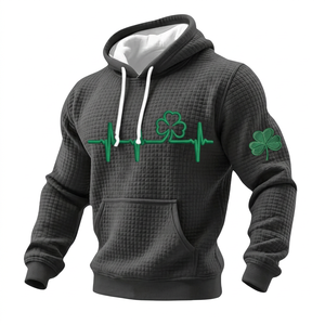 เสื้อฮู้ดดี้วาฟเฟิลสีเขียวมะกอกสำหรับผู้ชาย พิมพ์ลาย Clover ECG ด้านหน้าและแขนเสื้อ สวมใส่สบายๆ ในฤดูใบไม้ผลิ - Product Image 2