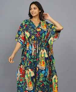 Caftán de algodón azul marino hecho a mano, inspirado en Kahlo, kimono ligero para la playa, ropa de resort. - Product Image 6