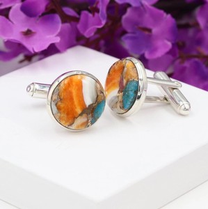 Boutons de manchette de luxe en argent sterling 925 avec turquoise et coquille d'ormeau orange, sertis clos, pour homme, cadeau de mariage pour témoin - Product Image 2