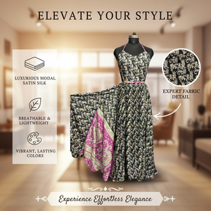 Robe florale en soie Habotai sur mesure - Chef-d'œuvre en soie noir minuit et magenta - Product Image 4