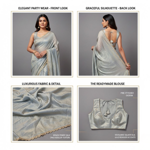 Sari en soie Fendy argenté pré-cousu, prêt à porter en une minute, avec finition fluide et chemisier prêt-à-porter |   Tenue de soirée élégante - Product Image 6