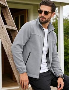 Veste polaire zippée intégrale pour homme gris clair, col montant, décontractée, légère et chaude, pour l'automne - Product Image 5
