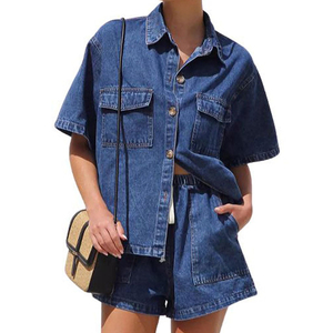 Set <span class=keywords><strong>di</strong></span> Alta Qualità: <span class=keywords><strong>Camicia</strong></span> in Denim a Due Pezzi con Chiusura a Bottoni e Spalle Scivolate, Pantaloncini con Cordoncino in Vita, Completo <span class=keywords><strong>Jeans</strong></span> da Donna - Product Image 1