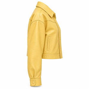 Yellow Genuine Leather Jacket Womens <b>Button</b> Front Turn Collar Drop Shoulder Welt Pocket Cropped <b>Coat</b> Custom Service Supply - Product Image 3