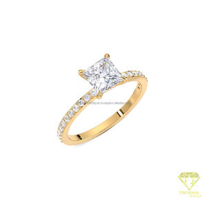 Princess Cut Moissanite Diamond Engagement <b>Ring</b> in 14K Yellow Gold Pave Band <b>Solitaire</b> Wedding Promise Anniversary <b>Ring</b> - Product Image 1