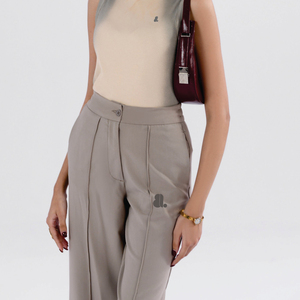 Pantalon large gris pour femme, taille haute, plissé, coupe ample, longueur intégrale, couleur unie, style décontracté avec poches et braguette boutonnée - Product Image 3