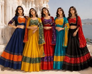 Chaniya Choli de Algodón Romano Premium con Patrón Kali y Dupatta con Estampado Leheriya, para Fiestas, Bodas y Eventos Festivos - Product Image 1