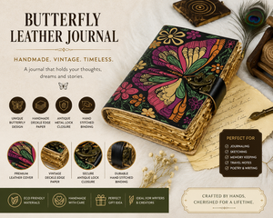 Colorful Butterfly Handmade Leather Journal with Deckle Edge Paper | Vintage <b>Lock</b> <b>Diary</b> | Artistic Writing Notebook Gift - Product Image 3