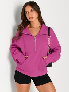 Sweat-shirt à col zippé pour femme, coupe ample, en polaire rose fuchsia magenta, avec col demi-zippé et poche kangourou - Product Image 6