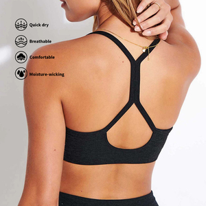 Soutien-gorge de sport sans coutures pour femme, col rond, bretelles halter, maintien moyen, pour yoga et fitness, noir uni, respirant, en Spandex et Polyester - Product Image 6
