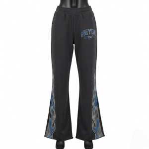 Pantalones Deportivos de Mujer Premium con Estampado de Llamas y Pedrería, Cintura Alta, Pierna Ancha, Estilo Casual Urbano, Joggers de Algodón Suave a la Moda - Product Image 1