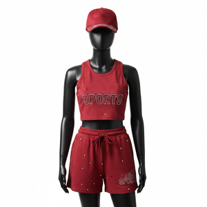 Ensemble court pour femmes, tissu en coton mélangé de qualité supérieure, 300 GSM, toucher doux, couleur unie, logo personnalisé, ensembles pour femmes - Product Image 1