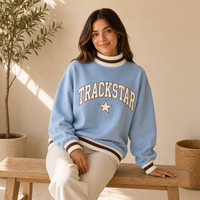 Sweat-shirt à col montant pour femme Trackstar, bleu poudré et marron, avec logo personnalisé étoile et lettres ivoire, marque privée, vente en gros, pull-over