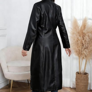 Trench-coat en similicuir pour femme, long manteau boutonné à revers, veste classique à l'aspect cuir avec ceinture pour l'automne et l'hiver - Product Image 5