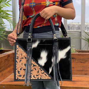 À la mode grande capacité usiné à la main en cuir véritable femmes sac fourre-tout cheveux sur cuir de vachette épaule sac à main sacs portables - Product Image 4